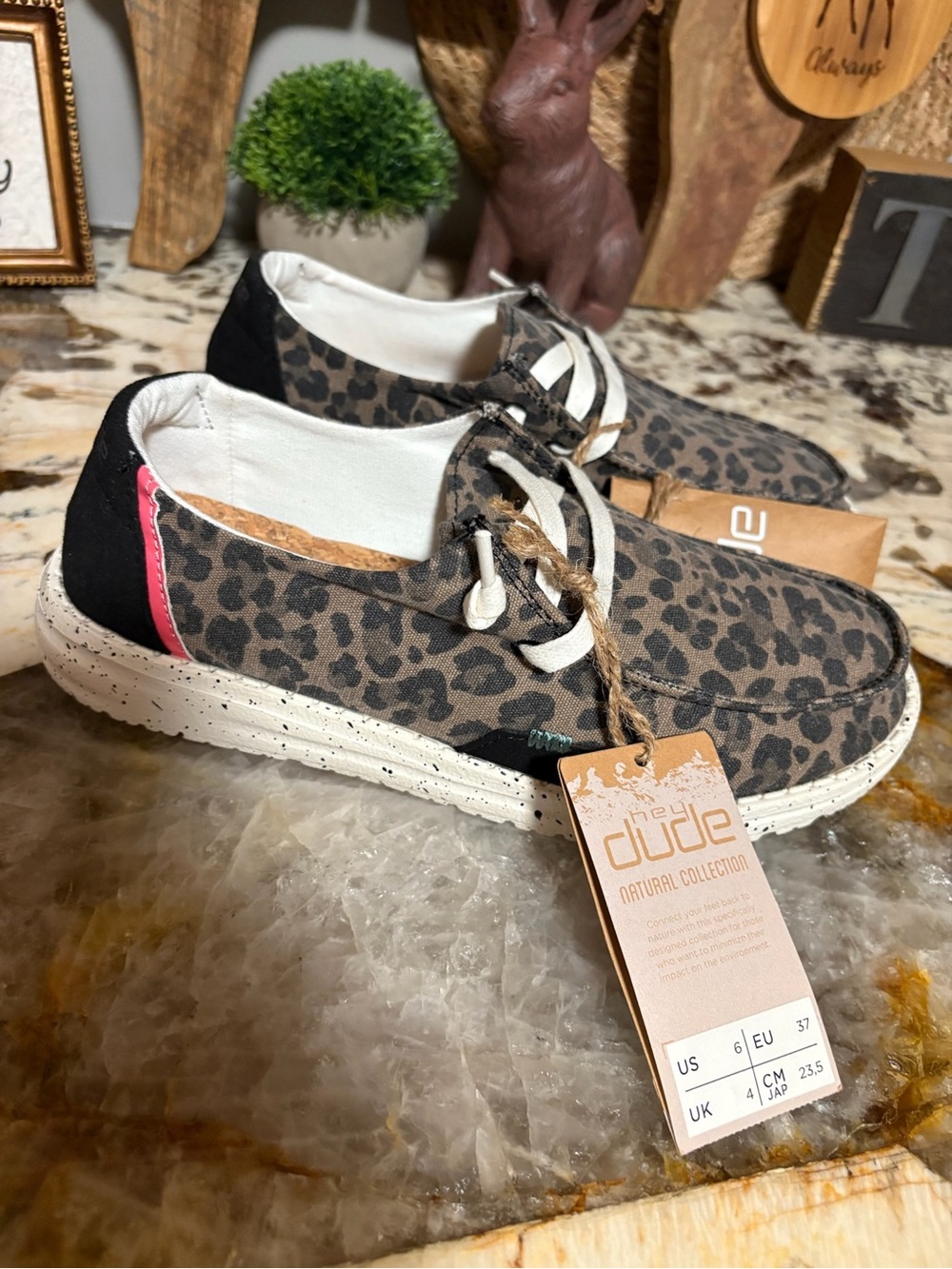Hey Dude Leopard Print Canvas Shoes with White Laces and Pink Accent